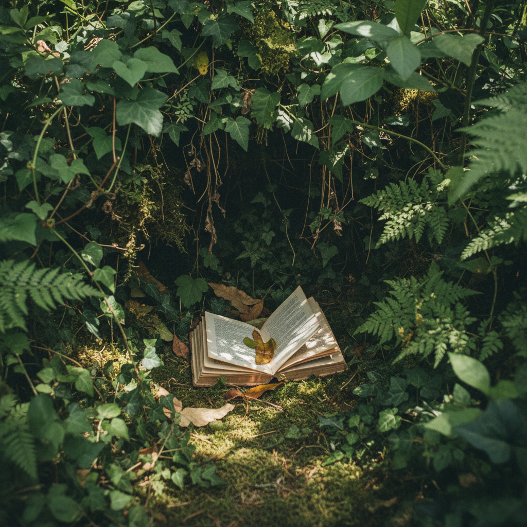 A realistic, slightly rough photograph of lush, overgrown greenery with a small hidden nook containing a single well-worn book. The book is open with clearly dog-eared pages, the setting feels a bit imperfect and lived-in rather than polished or glamorous, natural light and subtle shadows, no people, cozy but not too pretty.
