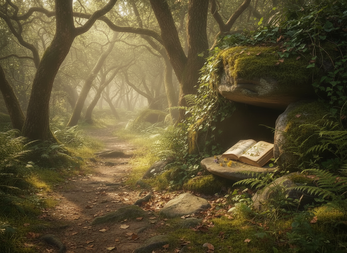 A simple, clean photograph of a quiet forest pathway with soft natural light and an open book resting in a small nook beside the path. Calm, warm, and inviting, clearly expressing a love of nature and reading without dramatic effects or heavy mood.