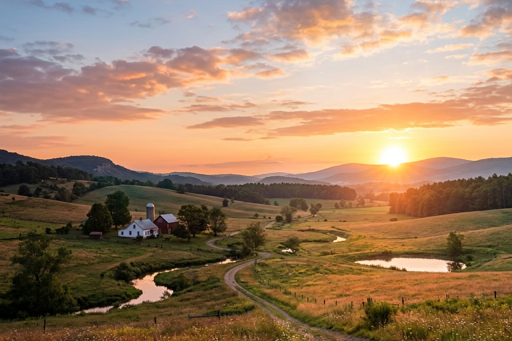 Sunrise over rural landscape with winding dirt road, fields, a white house, red barn, trees, and hills